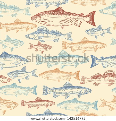 Seamless pattern with hand drawn fish