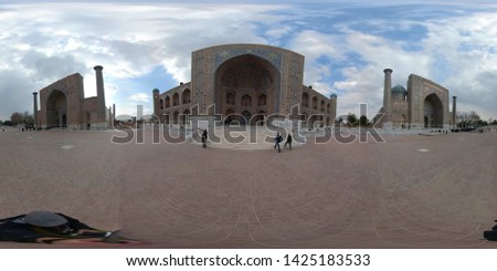 The 360 degrees picture at the center of the Registon Squere in Samarqand, Uzbekistan. 360 panorama pictures.