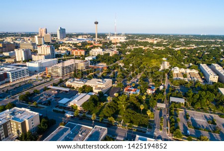 San Antonio Skyline Cityscape from South Side looking at the Sky Needle aerial drone view above huge city of Texas