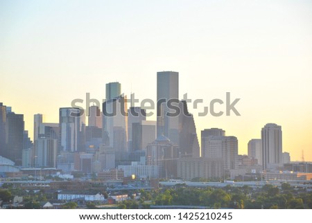 The skyline of Houston, Texas at sunset.