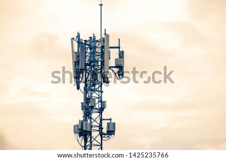 3G, 4G and 5G cellular. Base Station or Base Transceiver Station. Telecommunication tower. Wireless Communication Antenna Transmitter. Telecommunication tower with antennas. Royalty-Free Stock Photo #1425235766