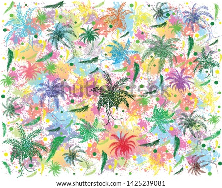 Line pattern with coconut trees with layered colorful leaves and beautiful silhouettes, summer, Vector illustration, background, texture.