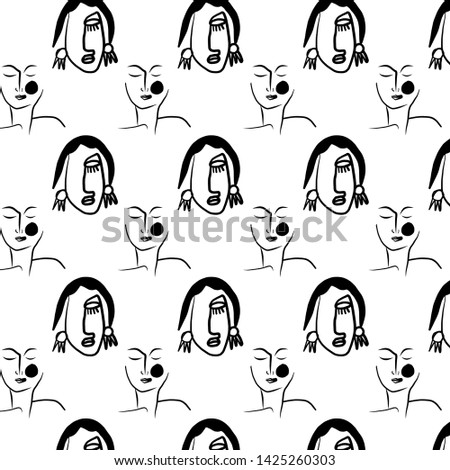 Seamless pattern face portrait, abstract line continuous , cubism surrealistic graphic style. Human head logo. Contemporary creative textures. 