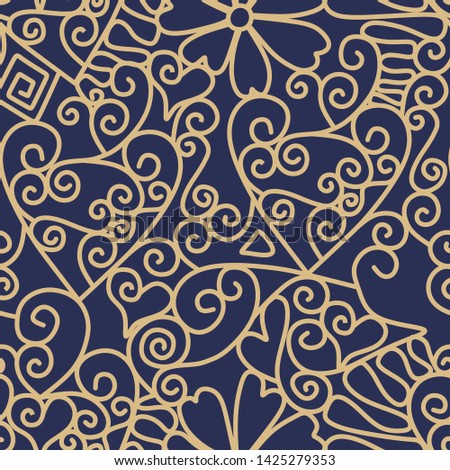 Simple endless golden lace pattern on dark blue background.
