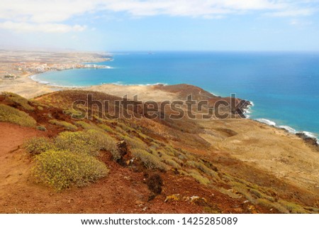 Fantastic views of El Medano from the Montana Roja (Red Mountain), Tenerife, Spain, Europe. Artistic picture. Beauty world.