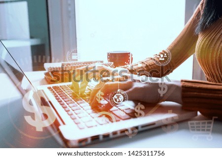 Shopping concept. businesswoman hand using laptop payments and holding coffee cup and network online icons. Double exposure.