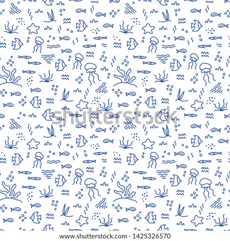 Sea life. Doodle hand drawing seamless pattern. Monochrome. Simple flat motif . Suitable for fabrics, Wallpapers, album covers, phone cases. Vector illustration.