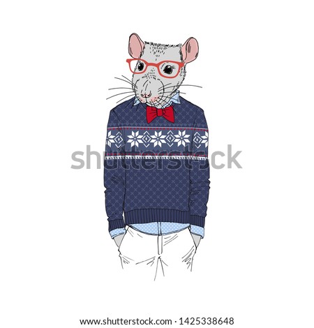 Humanized rat man hipster dressed up in jacquard christmas pullover and red tie-bow. Hand drawn vector illustration. Furry art image. Anthropomorphic animal.