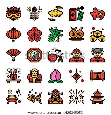 chinese new year pixel perfect color line icons, vector editable stroke