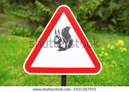 Red triangle sign warning  of the presence squirrels on the background of green trees in the park
