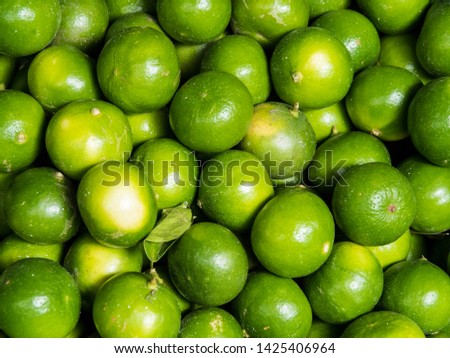 Freah green limes on sold in market. Sour taste, high vitamin C, good for health, key ingredient for Thai food. And beverages.