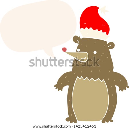 cartoon bear wearing christmas hat with speech bubble in retro style
