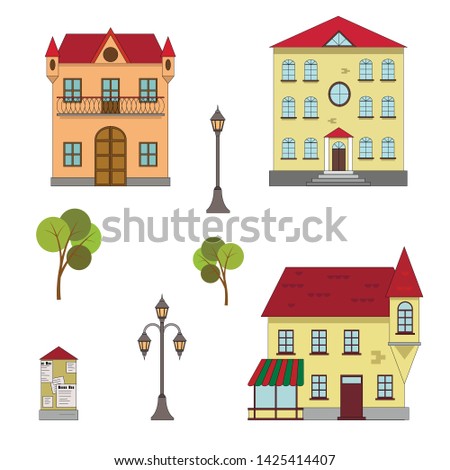 City buildings, street lights, trees, isolated on white background, vector illustration