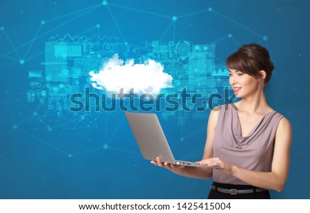 Young smiling person presenting cloud technology concept