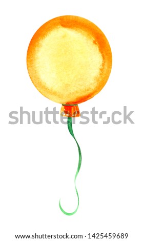 Orange round party balloon on green ribbon. Hand-drawn watercolor illustration on white background.
