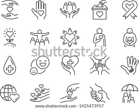 Charity line icon set. Included icons as kind, care, help, share, good, support and more. Royalty-Free Stock Photo #1425473957