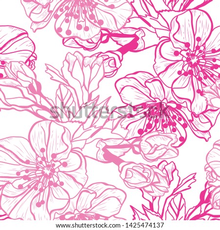 Elegant seamless pattern with hand drawn decorative cherry blossom flowers, design elements. Floral pattern for wedding invitations, greeting cards, scrapbooking, print, gift wrap, manufacturing.