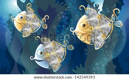 grotesque stylized fishes among the coral reefs