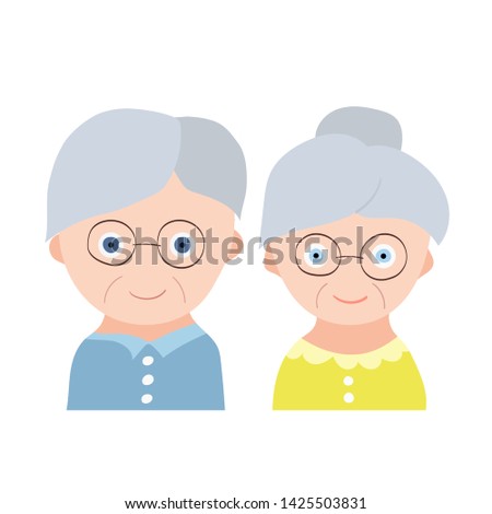 Happy senior couple illustration. Smiling cute elderly people in creative flat vector character design. Retired people concept.