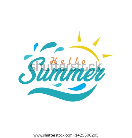 colorful waves and sun shine with hello summer typography logo icon vector template
