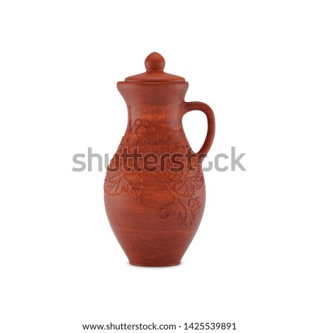 Clay jug for wine with a handle, cup and pattern of grape leaves and grapes, front view. Isolated on white background, 3D illustration.