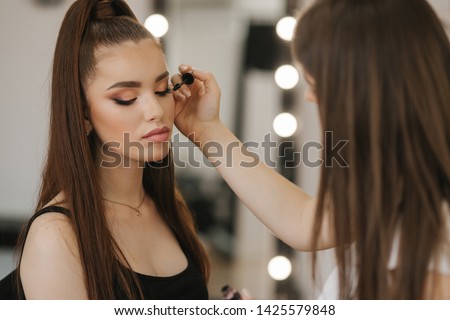 Makeup artist work in her beauty studio. Woman applying by professional make up master. Beautiful make up artist make a makeup for redhead model with freckles. She use a palette