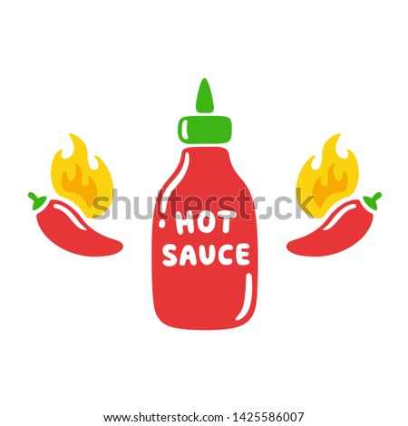 Hot sauce bottle with red chili peppers and flames. Simple cartoon drawing, mexican food illustration.