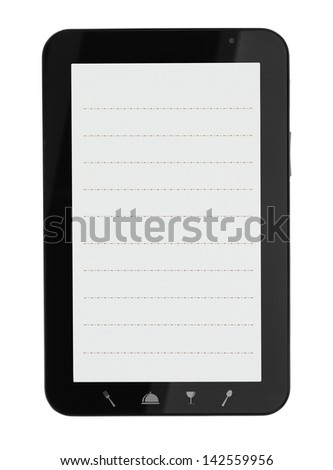 Tablet computer with notebook page and food icons