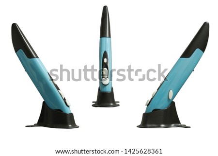 Wireless pen mouse on stand for using with computer ,side and front  on isolated white background