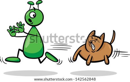 Cartoon Vector Illustration of Funny Alien or Martian Comic Character Running Away form Dog