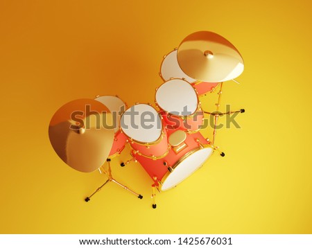 Egg in the form of a drum set on a yellow background, Top View, clipping path included. 3d illustration