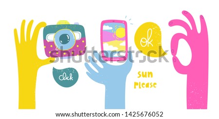 Set of cartoon style hands holding a photo camera and smartphone. Ok sign. Hand drawn bright vector trendy illustration. Flat design. All elements are isolated