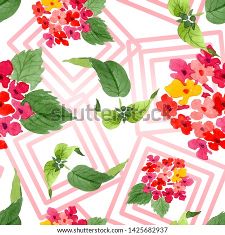 Red lantana floral botanical flowers. Wild spring leaf wildflower. Watercolor illustration set. Watercolour drawing fashion aquarelle. Seamless background pattern. Fabric wallpaper print texture.