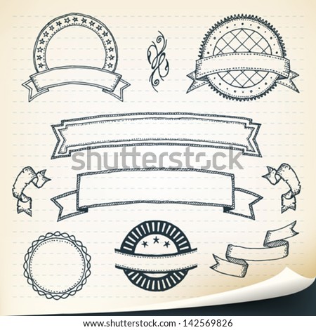Doodle Banners And Design Elements/ Illustration of a set of hand drawn sketched banners, ribbons and design elements on vintage retro school paper background with dashed lines