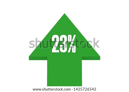 23 percent with green color arrow isolated on white backgroud, 3d illustration.
