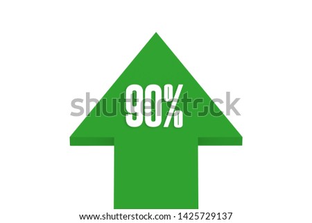 90 percent with green color arrow isolated on white backgroud, 3d illustration.