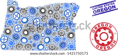 Gear vector Oregon State map composition and stamps. Abstract Oregon State map is designed from gradient random gear wheels. Engineering territory scheme in gray and blue colors,