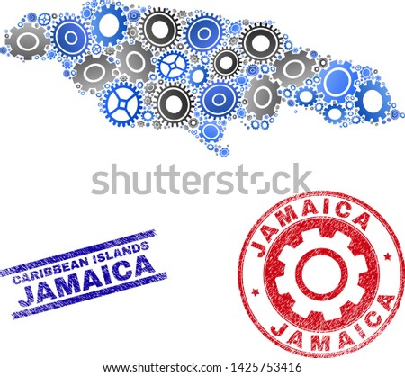 Workshop vector Jamaica map composition and stamps. Abstract Jamaica map is constructed of gradient scattered cogs. Engineering territory plan in gray and blue colors,