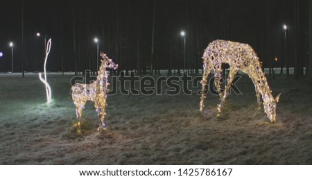 Christmas illumination of the deer family in the evening