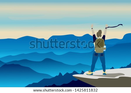 Girl with backpack, traveller standing on top of mountain and view the sunrise landscape. Concept of discovery, exploration, hiking, adventure tourism and travel. Flat vector illustration.