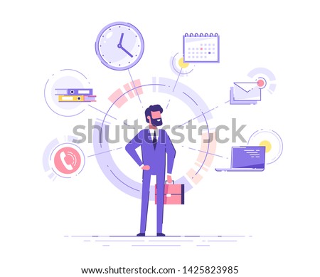 Businessman is standing and holding briefcase with office icons on the background. Multitasking and time management concept.  Effective management. Vector illustration. Royalty-Free Stock Photo #1425823985