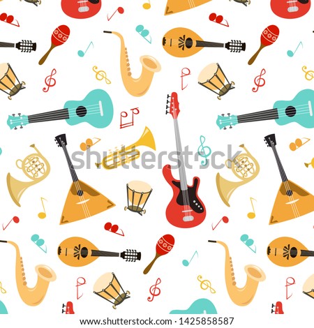 Seamless pattern with musical instruments on the white background. Vector illustration.