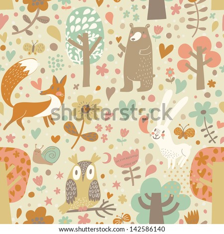 Vintage floral seamless pattern with forest animals: bear, fox, owl, rabbit. Vector background with butterflies, snail, trees and flowers.
