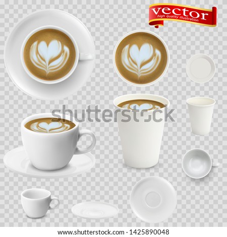 3d realistic cappuccino coffee in white cups view from the top and side. Cappuccino coffee in white paper Cups. A Cup of cappuccino coffee and saucer, top view, realistic vector Royalty-Free Stock Photo #1425890048