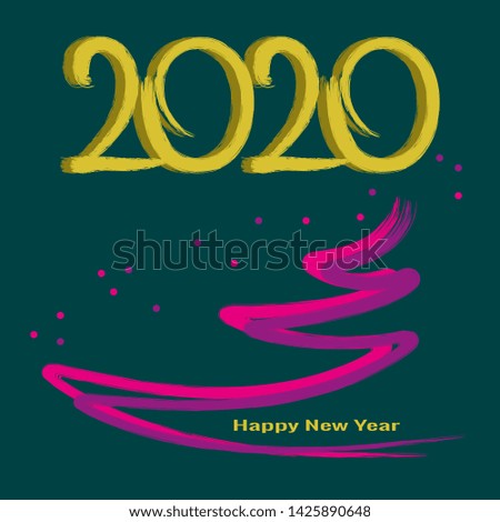 2020 gold brush painted on bright green background. Ultraviolet brush contour of New Year tree. Vector illustration for greeting card design for Christmas and New Year.