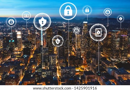 Cyber security theme with downtown Los Angeles at night