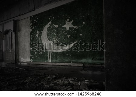 painted flag of pakistan on the dirty old wall in an abandoned ruined house. concept
