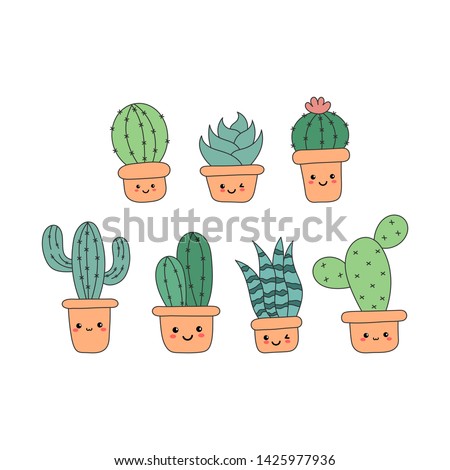 kawaii cute cactus cartoon isolated on white background. illustration vector.