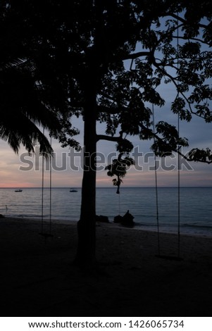 a silhouette of swinger under the tree in the beach