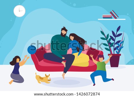 Happy Evening Family Relax Illustration. Father Hugging Mother while Sitting on Sofa. Children Playing Ball with Dog. Home Living Room Interior. Parenthood and Childhood. Flat Vector Cartoon
